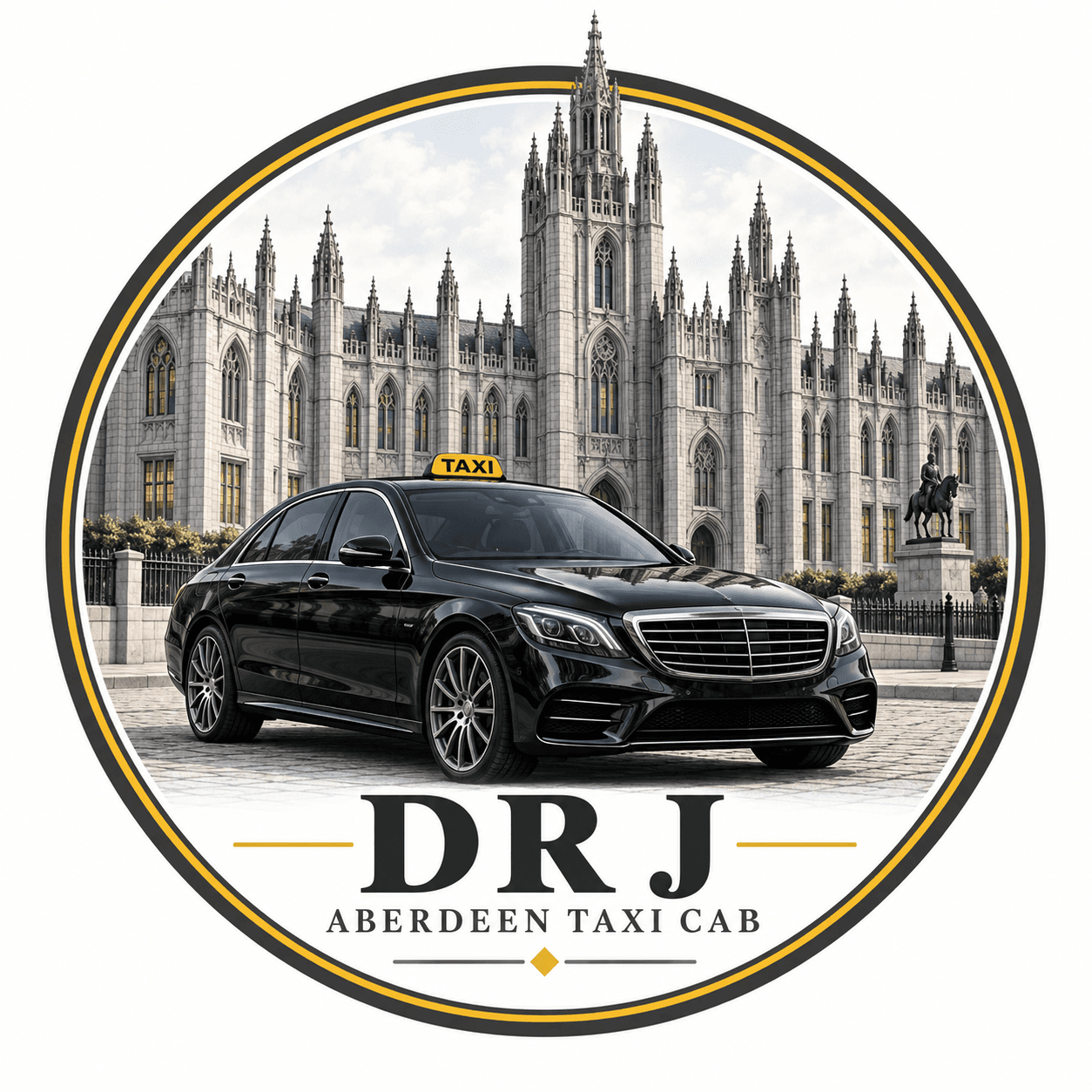 DR J Aberdeen Taxi Cab logo with Marischal College and a luxury taxi